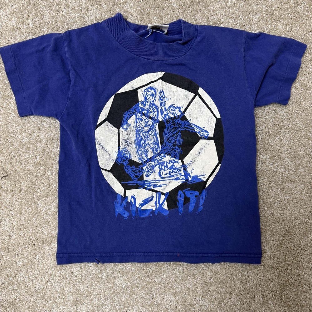 Vintage Fun Tees Shirt Kids Medium Blue Soccer Kick It Graphic Tee T-Shirt